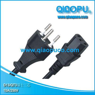 QIAOPU/乔普瑞士三芯插头|瑞士SEV认证三芯插头电源线|瑞士电源线插头